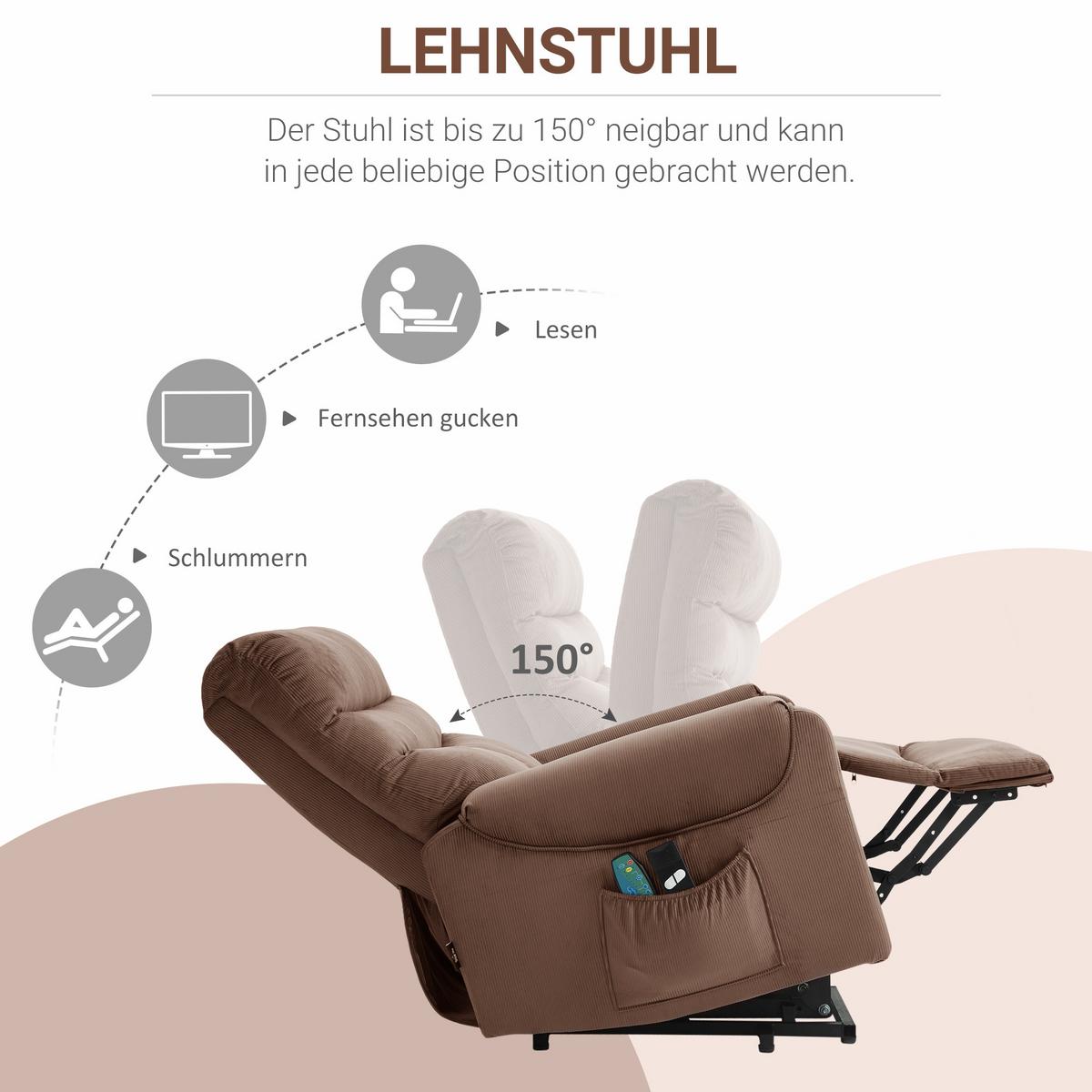 FERNSEHSESSEL Sessel mit Aufstehhilfe mit Massagefunktion Heizung Braun - Schwarz/Braun, Textil/Metall (83/110/93cm) - HOMCOM