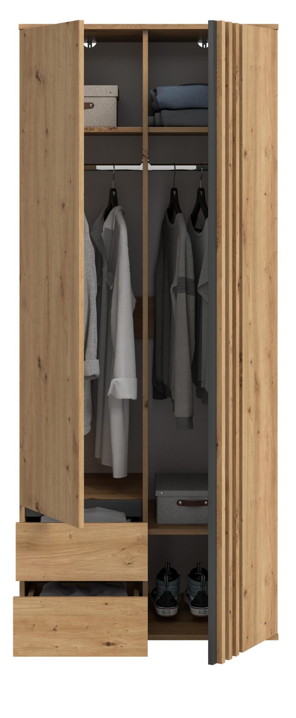 KLEIDERSCHRANK Eiche Artisan, grau 80 x 192 cm, Wäscheschrank 2-türig - Anthrazit/Eiche Artisan, Holzwerkstoff (80/192/56cm) - Inn.Furn