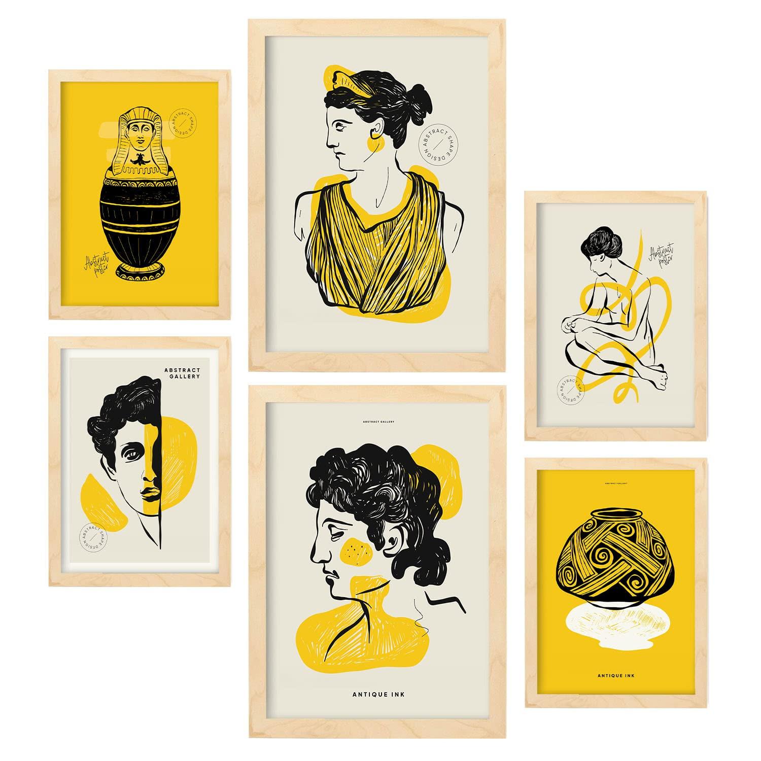POSTER Set Mit 6 In Schwarzer Tinte Profile Von Der Griechischen Mythologie Inspirierte Drucke Für Innenarchitektur A3 & A4 Rahmen Aus Hellem Holz - Beige, Papier (29/3cm) - Nacnic
