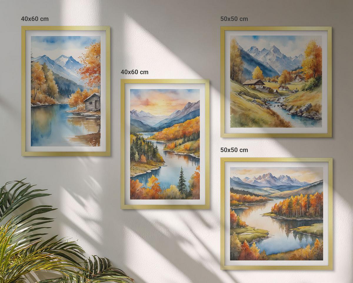 BILDER SET 4er Set - 50x50 cm & 40x60 cm Goldrahmen - Herbstliche Berge, Flusshütte - Goldfarben, Kunststoff (50/50cm) - TULUP