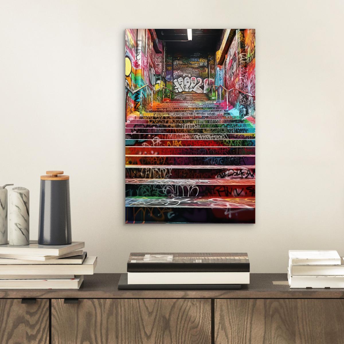 METALLBILD Treppe - Graffiti - Farben - Kunst 20x30 cm - Multicolor, Metall (20/30cm) - MuchoWow