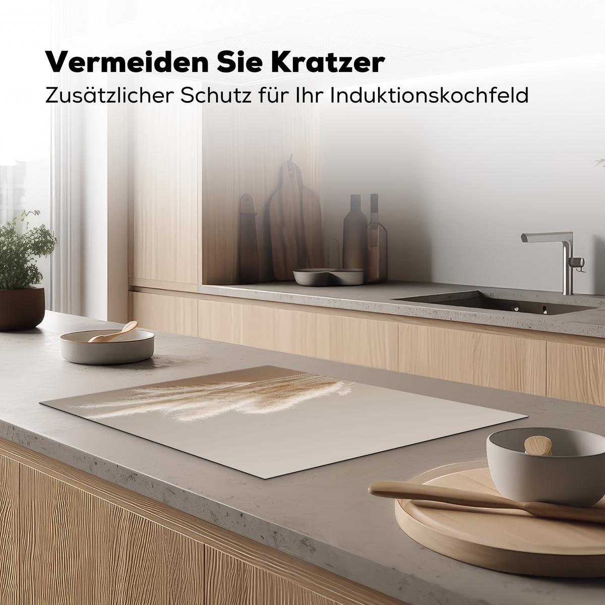 HERDABDECKPLATTE Pampasgras - Federn - Pastell - Weiß Herdabdeckung Induktionsfeld 70x52 cm - Creme, Kunststoff (70/52/0.2cm) - MuchoWow