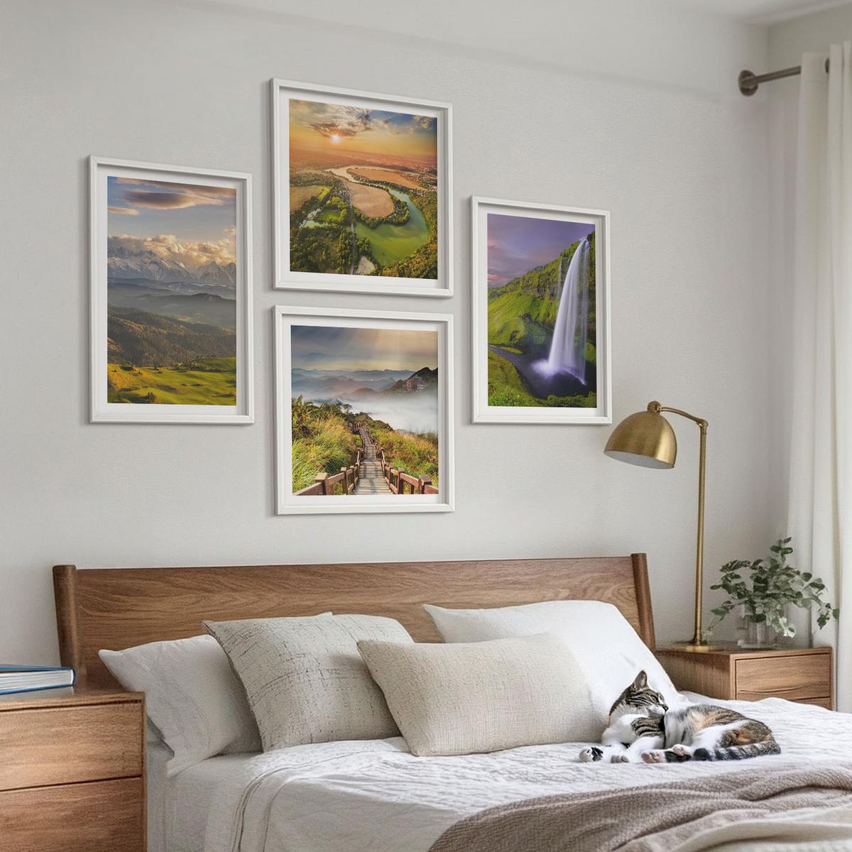 BILDER SET 4er Set - 50x50 cm & 40x60 cm Weißer Rahmen - Ausblicke auf Berge, Flüsse und Wasserfälle - Weiß, Kunststoff (50/50cm) - TULUP