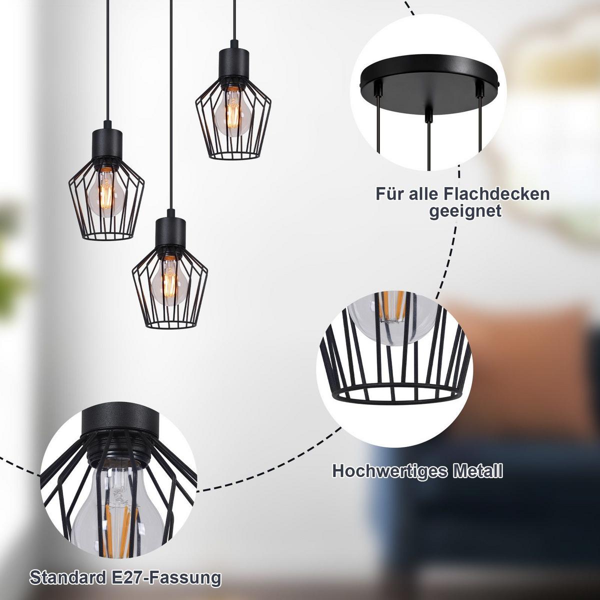 PENDELLEUCHTE Ziel 3-flammig 22/22/150 cm - Schwarz, Metall (22/22/150cm) - Nettlife