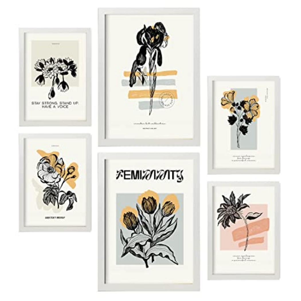 POSTER Set Mit 6 In Schwarzer Tinte Blumen Kunstdrucke Im Skizzenstil Für Innenarchitektur A3 & A4 Weißer Rahmen - Weiß, Papier (29/3cm) - Nacnic