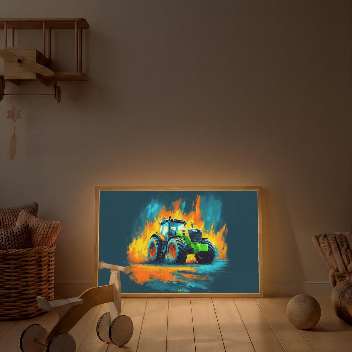 WANDLEUCHTE MIT AKKU Abstrakt - Traktor - Grün 90x60 cm - Dunkelblau, Holzwerkstoff (90/60/8cm) - OnlyWow