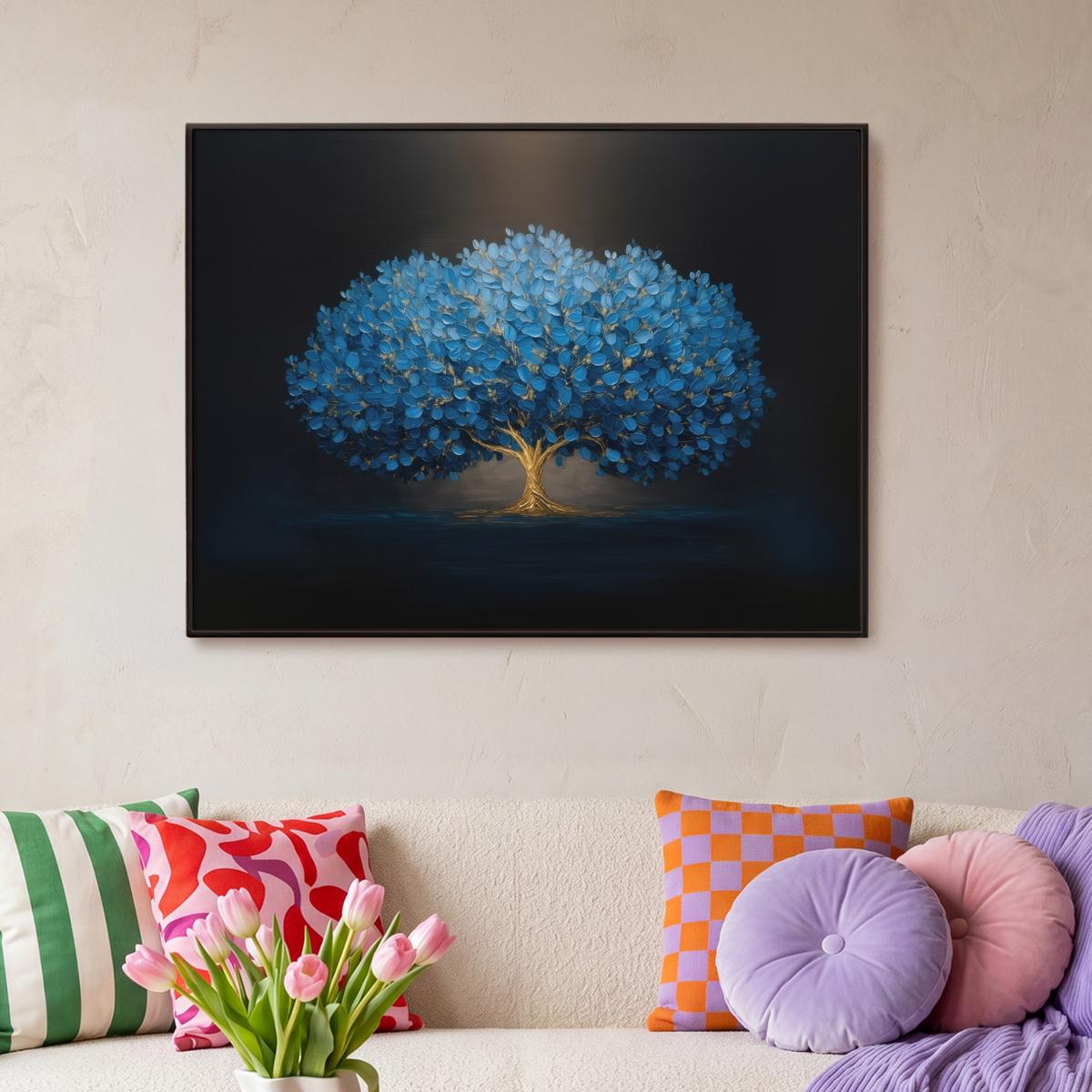 LEINWAND Bilder mit Rahmen - Baum - Blau - Blätter - Pinselstriche - 100x70 - Blau, Textil (100/70cm) - MuchoWow