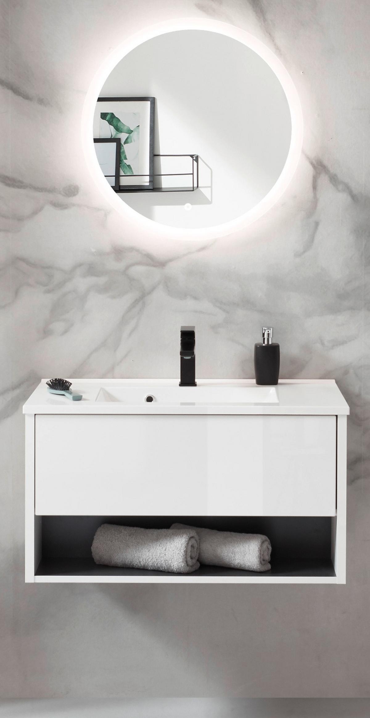 BADMÖBEL-SET weiß Hochglanz, grau, Kombination mit Waschbecken und LED Beleuchtung 80 cm - Weiß Hochglanz/Grau, Glas/Holzwerkstoff (80/190/47cm) - Furn.Design
