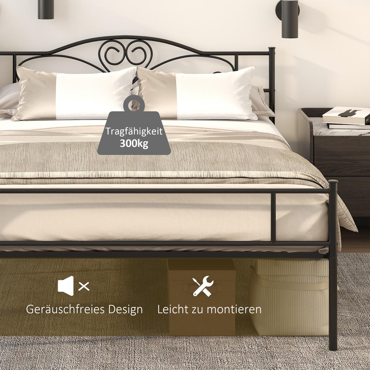 BETT 140 x 200 cm Stahl mit Lattenrost, Unterbettaufbewahrung, Kopf- und Fußteil - Schwarz, Metall (140/200cm) - HOMCOM