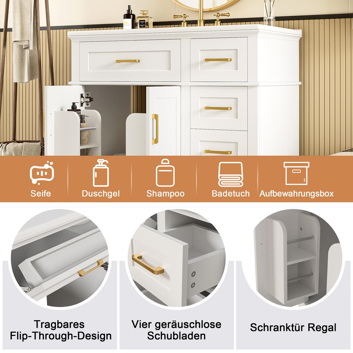 WASCHTISCH Weiß mit Goldgriffen, 5 Schubladen, Türregal & Keramikbecken 90cm - Weiß, Holzwerkstoff (90/87/46cm) - Urban Meuble