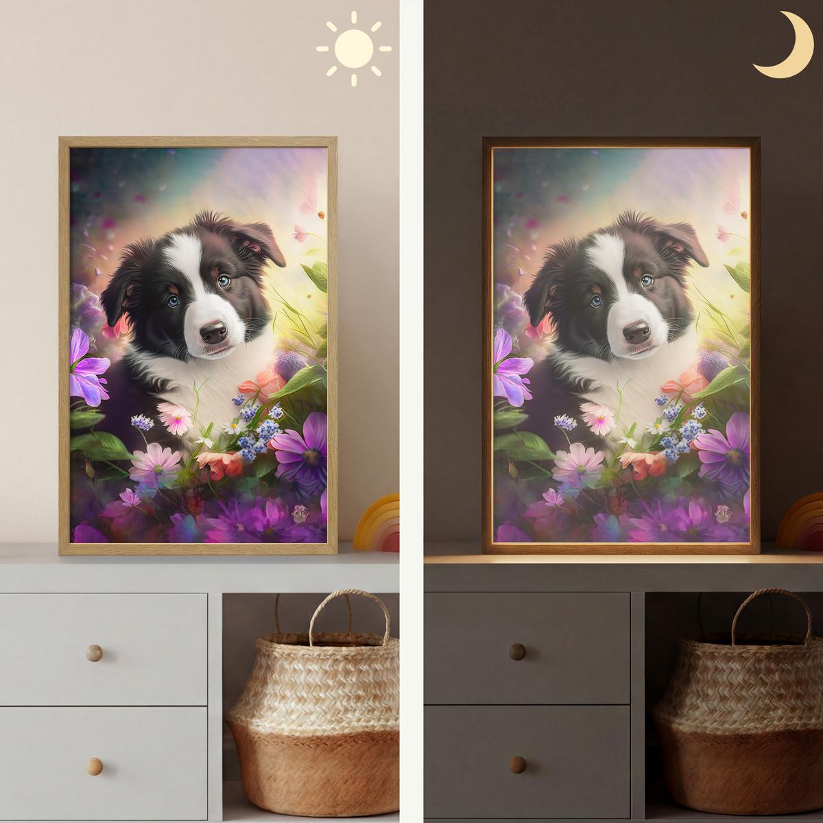 WANDLEUCHTE MIT AKKU Welpe - Sonne - Blumen - Natur - Border Collie - Hund 40x60 cm - Violett, Holzwerkstoff (40/60/8cm) - OnlyWow