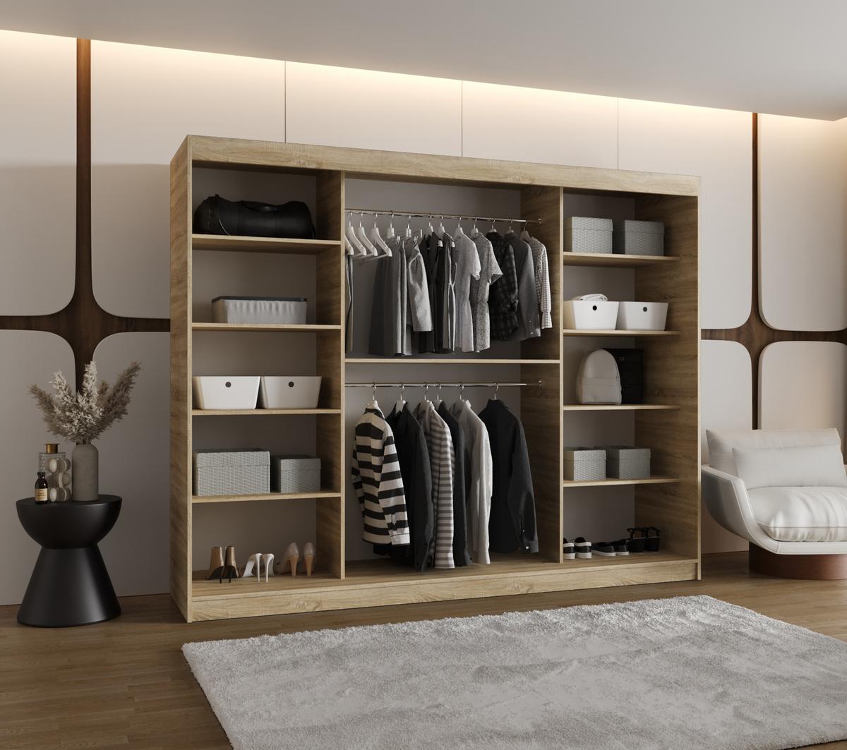 SCHIEBETÜRENSCHRANK mit Spiegel ROYAL 200/250/62 3-türig - Silberfarben/Sonoma Eiche, Holz (250/62/250cm) - MÖBEL KRYSPOL