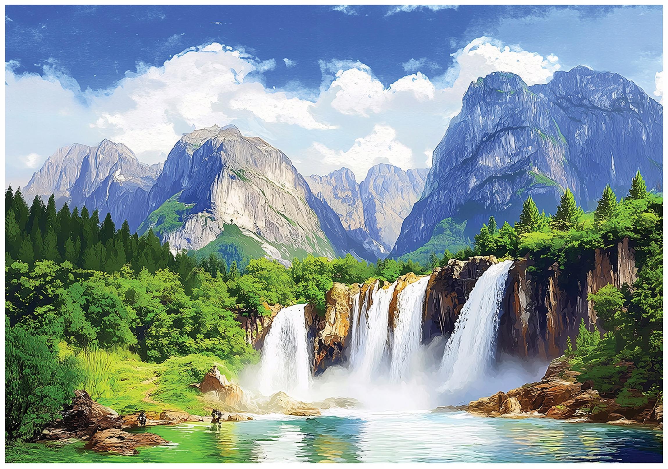 FOTOTAPETE 3D Effekt Wasserfall Berge Natur Tapete Wohnzimmer 250x175 - Multicolor, Papier (250/175cm) - Wallarena