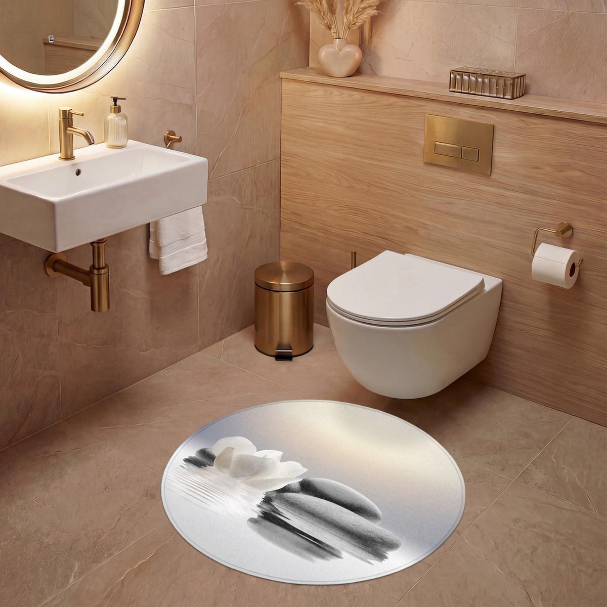 WC-VORLEGER Steine - Lotus - Weiß - Wasser - Zen Toilettenteppich 70x70 cm - Weiß, Textil (70/1cm) - OnlyWow