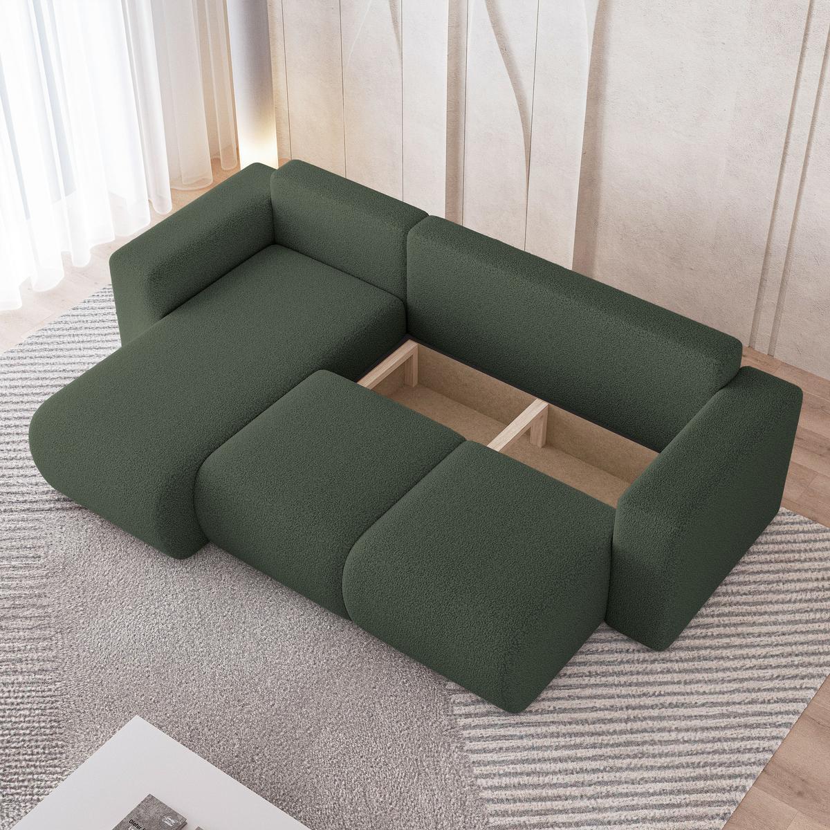 ECKSOFA RINOVA Grün Boucle-Stoff mit Schlaffunktion - Grün, Holz (250/143cm) - MASSENO