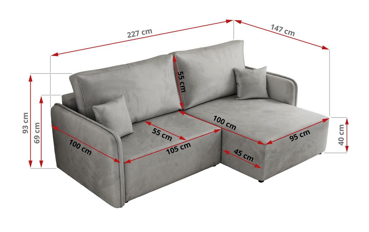 ECKSCHLAFSOFA MESTO L Hellgrau Velvet - rechts - Hellgrau/Schwarz, Kunststoff/Textil (147/227cm) - MKS