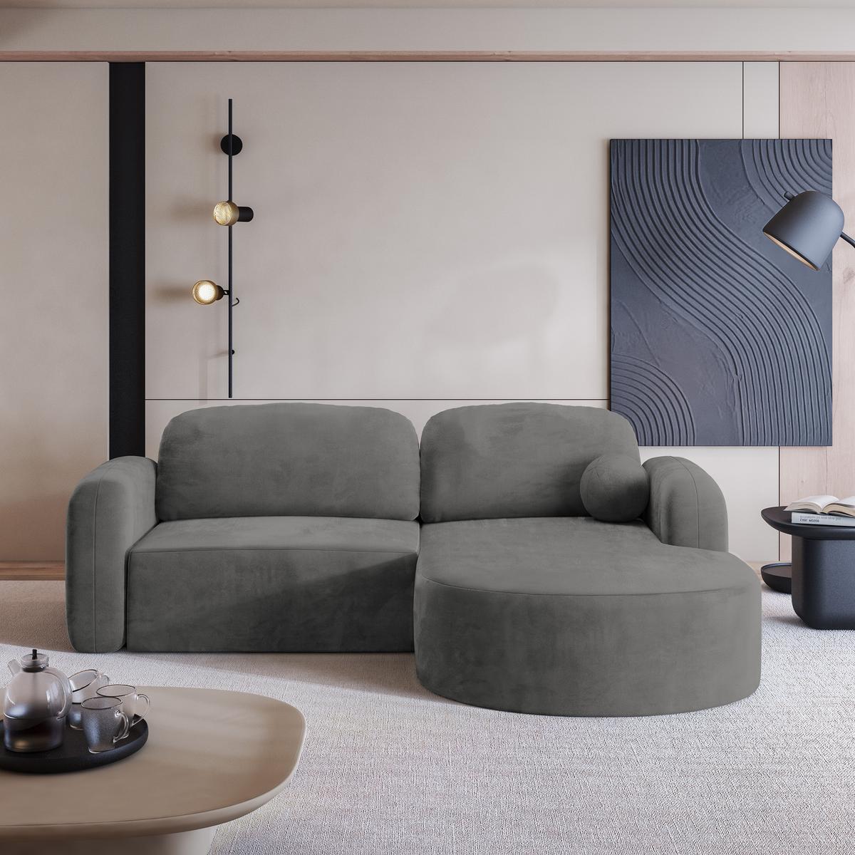ECKSOFA AMILIA M R-S Grau Velours-Stoff mit Schlaffunktion - Grau, Holz (263/174cm) - MASSENO