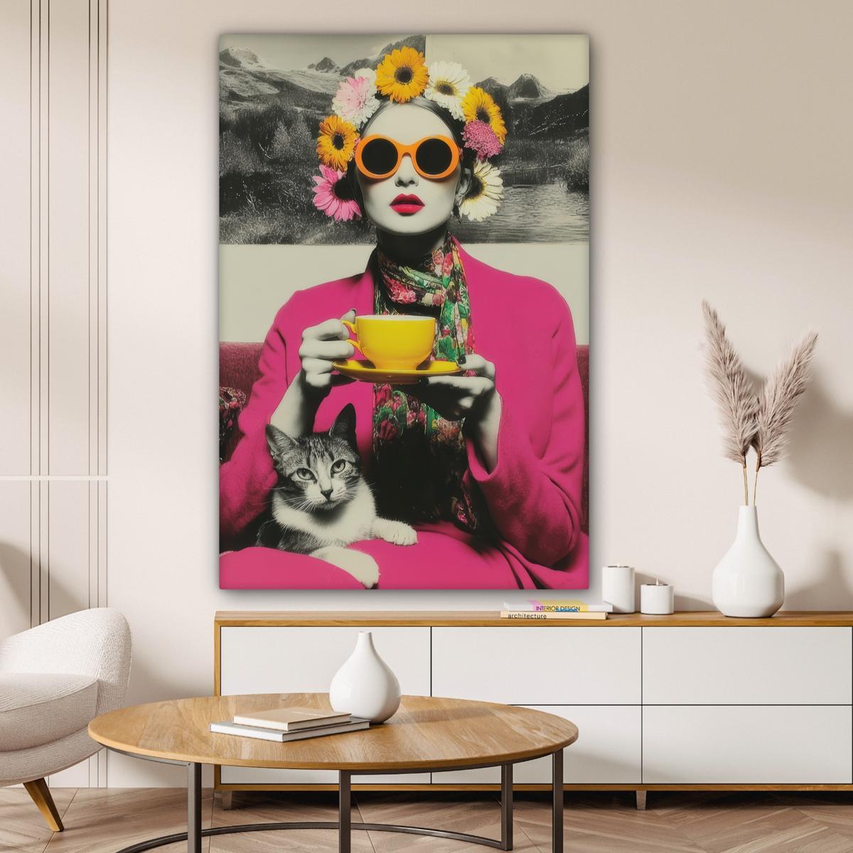 LEINWANDBILD Frau - Katze - Blumen - Tasse - Retro Deko XXL 80x120 cm - Magenta, Textil (80/120cm) - MuchoWow