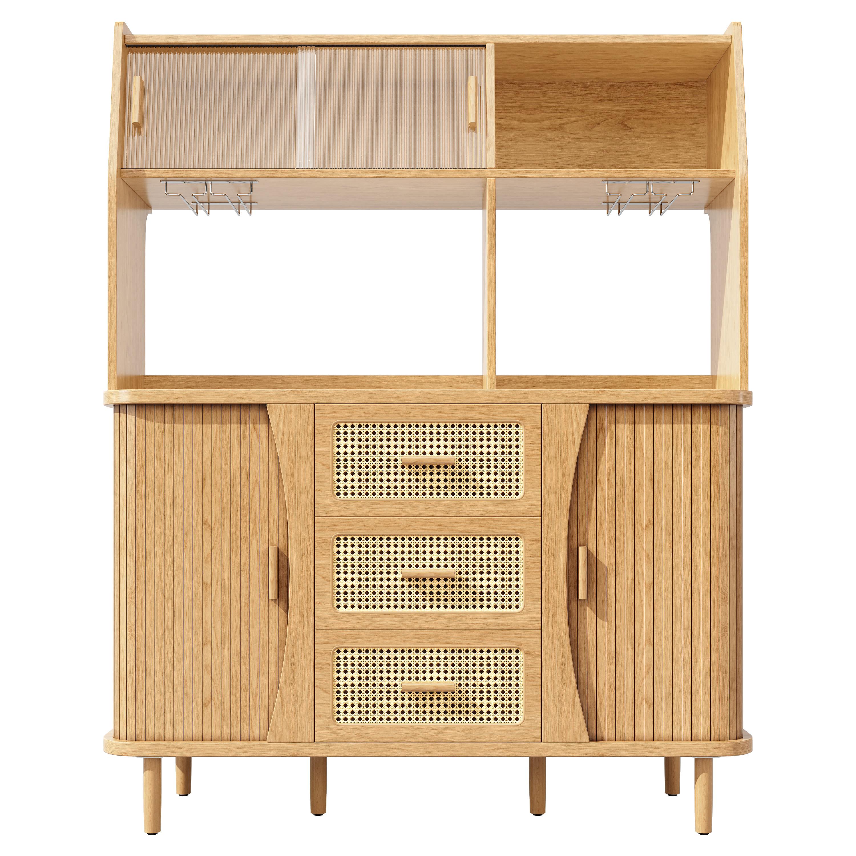 BUFFETSCHRANK Holzoptik mit Rattan & Glasschiebetüren, 140x174,5cm, Küchenschrank - Naturfarben, Holzwerkstoff (140/174.5/40.5cm) - Urban Meuble