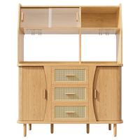 BUFFETSCHRANK Holzoptik mit Rattan & Glasschiebetüren, 140x174,5cm, Küchenschrank - Naturfarben, Holzwerkstoff (140/174.5/40.5cm) - Urban Meuble