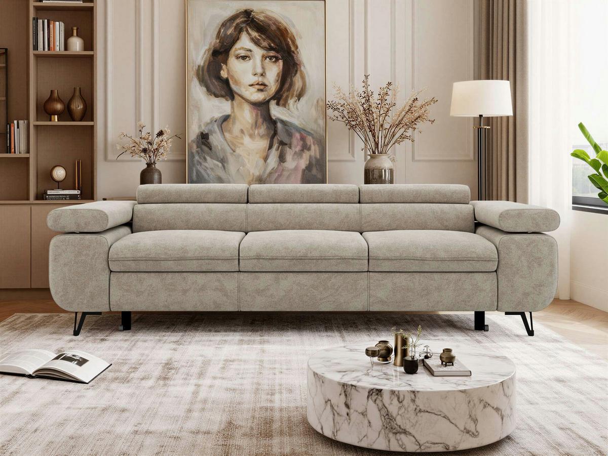 3-SITZER SOFA PETER mit Schlaffunktion - Greige Stukture - Greige/Schwarz, Textil/Metall (262/76/99cm) - MKS
