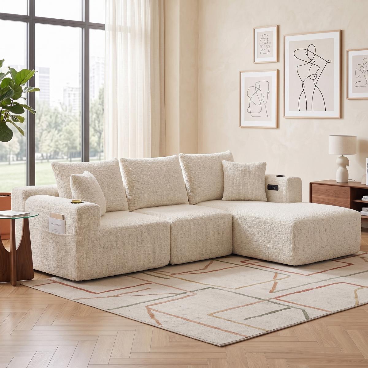 ECKSOFA Modulares L-Form Chenille mit Getränkehalter & Memory-Schaum 261cm - Beige, Textil (261/165cm) - Urban Meuble