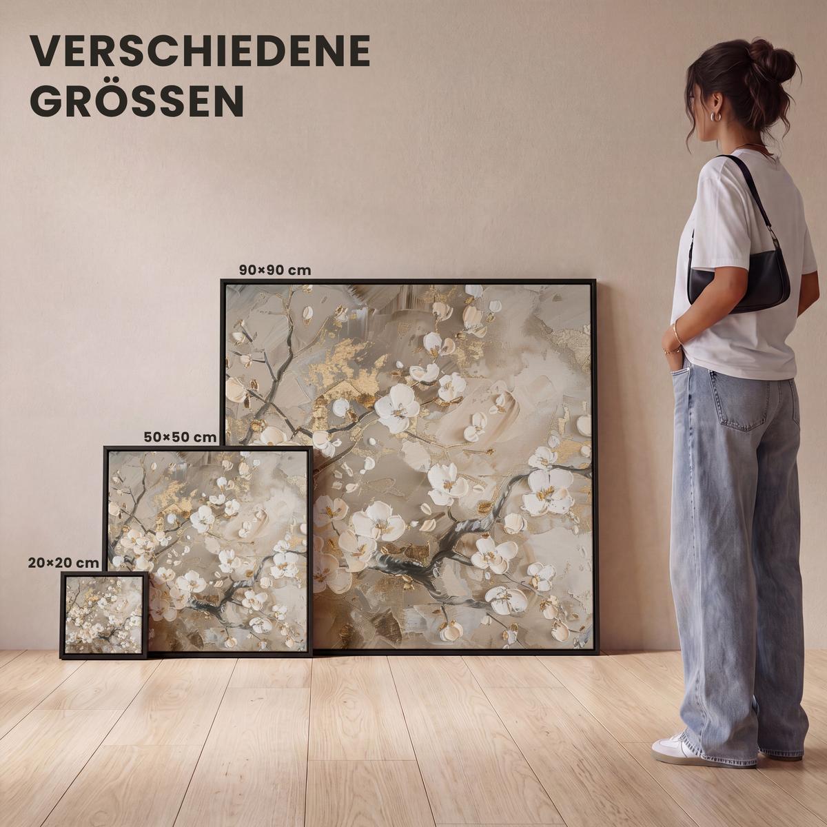 LEINWAND Bilder mit Rahmen - Blumen - Weiß - Gold - Beige - Luxus - 20x20 - Greige, Textil (20/20cm) - MuchoWow