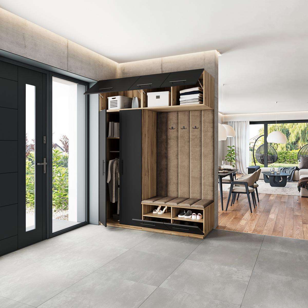 GARDEROBENSCHRANK REMA 180/240/60 cm Modern Garderobe-Set Eiche Wotan - Eiche Wotan/Schwarz, Holzwerkstoff (180/240/60cm) - MASSENO