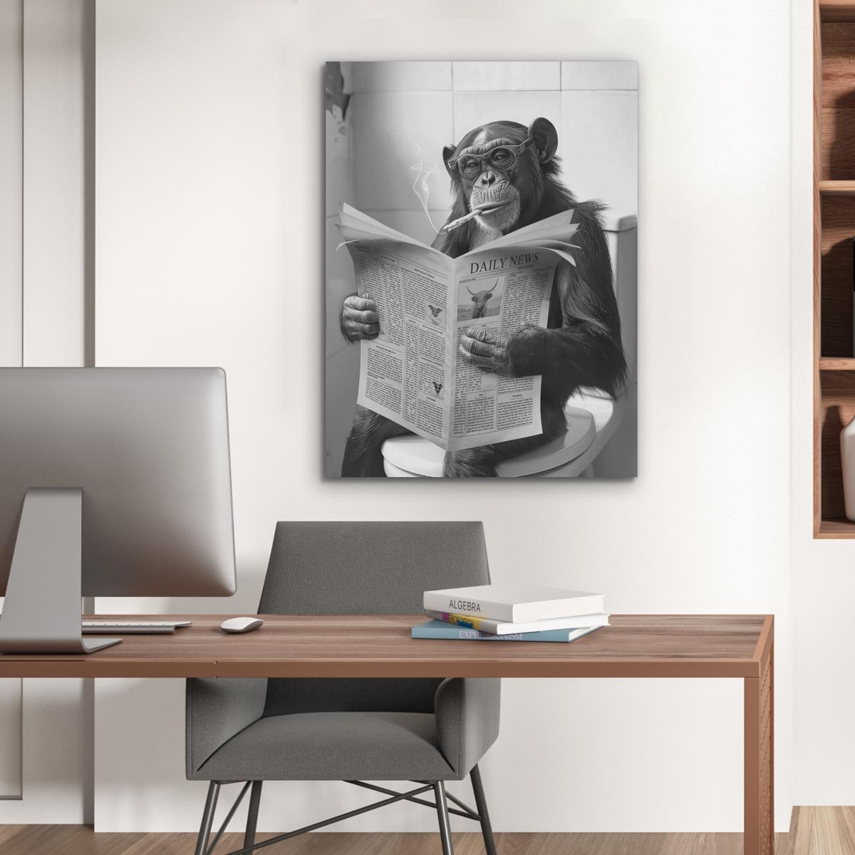 AKUSTIKBILD Affe - WC - Zeitung - Schwarz-Weiß - Humor Wandbilder 60x80 cm - Hellgrau, Kunststoff (60/80/0.9cm) - MuchoWow
