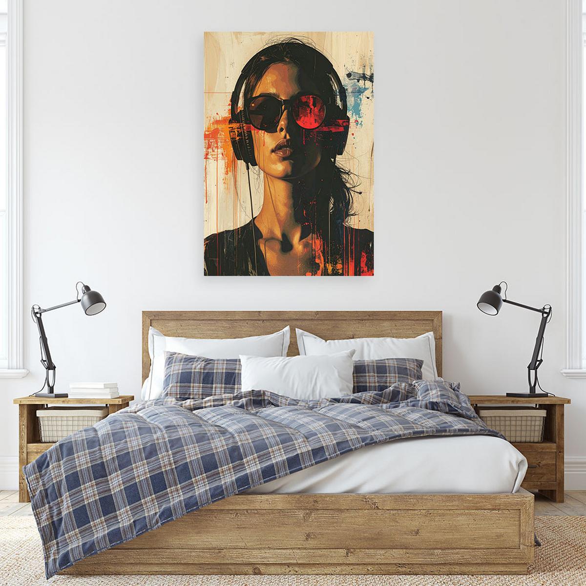 WANDBILD, Mädchen mit Brille und Kopfhörern - Beige, Textil (70/100cm) - Feeby