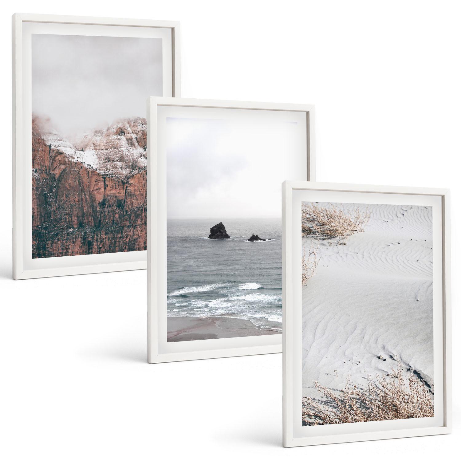 BILDER SET 3er Set - 40x60 cm Weißer Rahmen - Berge, Wolken, Meer, Sand, Natur - Weiß, Kunststoff (40/60cm) - TULUP