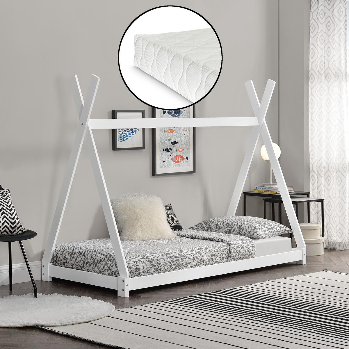 KINDERBETT Onejda mit Matratze - Weiß, Holz/Textil (90/200cm) - [en.casa]