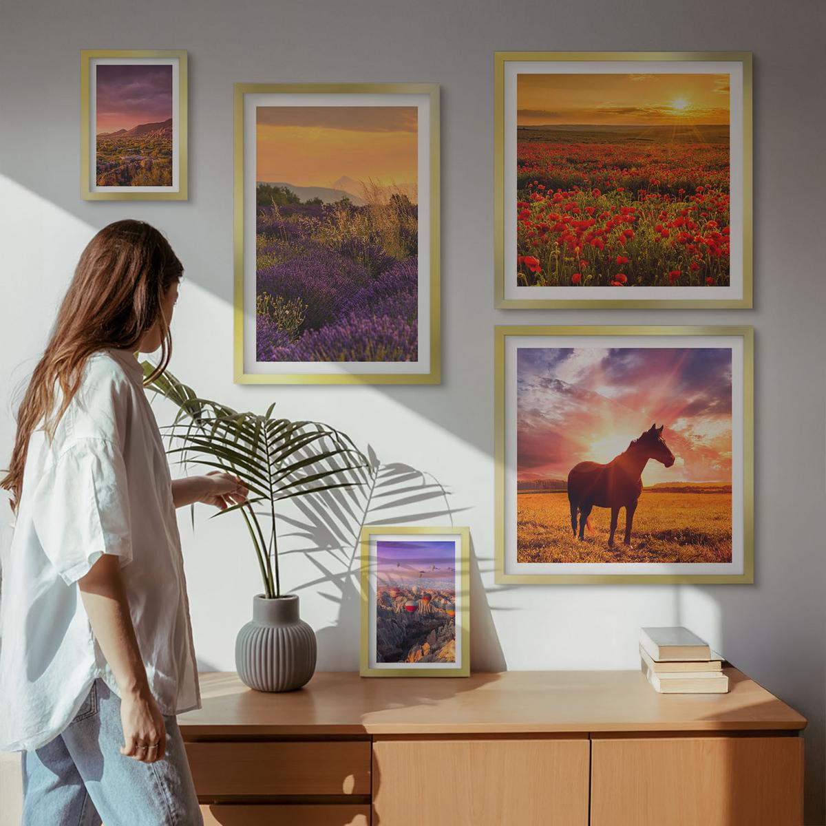 BILDER SET 5er Set - 50x50 cm & 20x30 cm & 40x60 cm Goldrahmen - Berglandschaft Rosslavendel - Goldfarben, Kunststoff (40/60cm) - TULUP