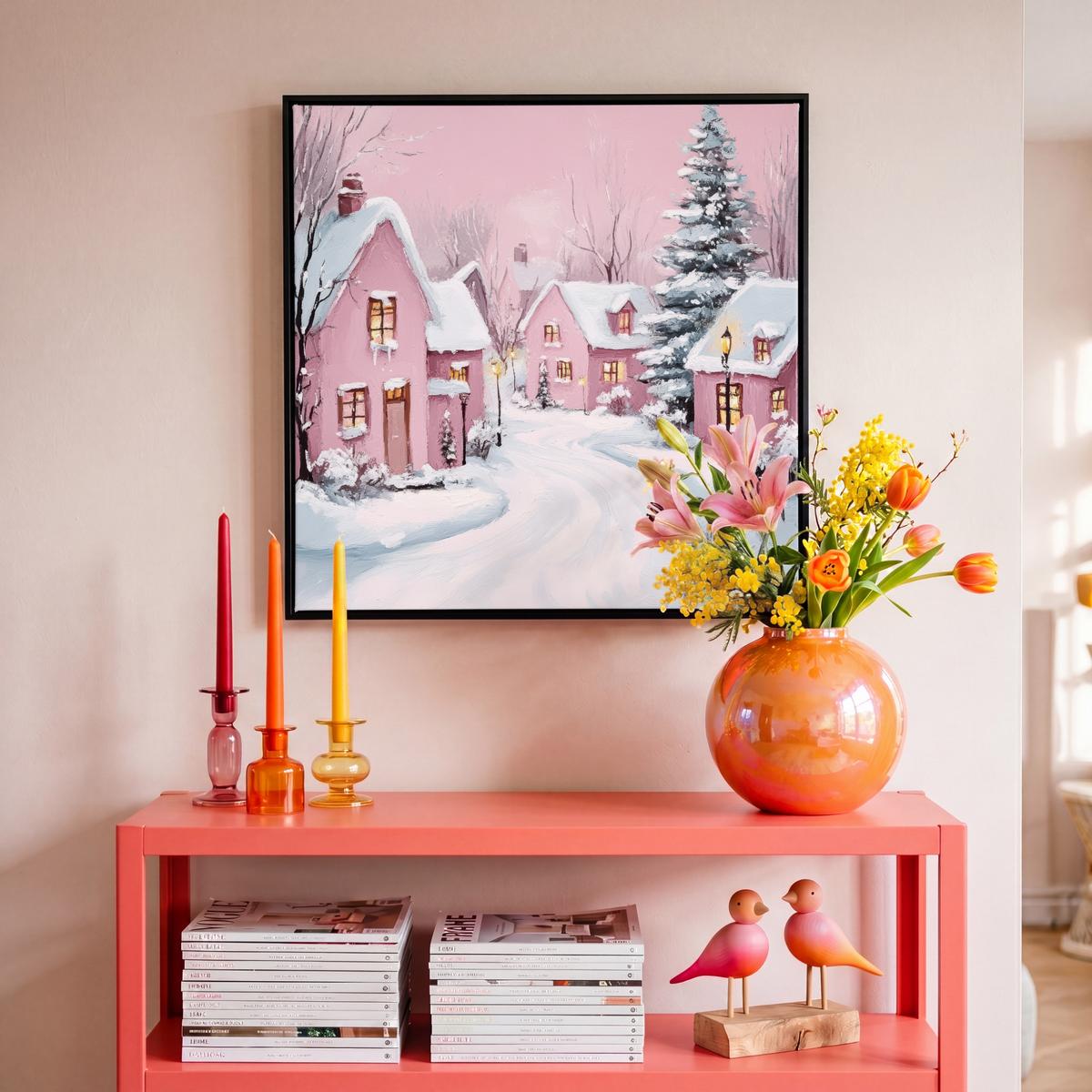 LEINWAND Bilder mit Rahmen - Weihnachtsdorf - Rosa - Winter - Schnee - Häuser - 50x50 - Altrosa, Textil (50/50cm) - MuchoWow