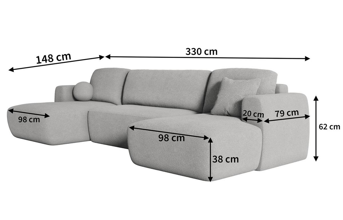 WOHNLANDSCHAFT SENTUM N Beige Boucle-Stoff mit Schlaffunktion - Beige/Schwarz, Holz/Kunststoff (330/90/148cm) - MASSENO