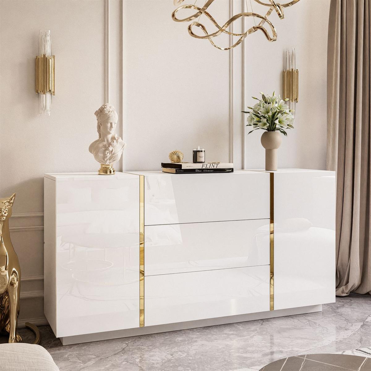 SIDEBOARD MIT SCHUBLADEN ONYX HOCHGLANZ 158 CM PUSH OPEN - Weiß, Holzwerkstoff (158/81/41.3cm) - Lookway