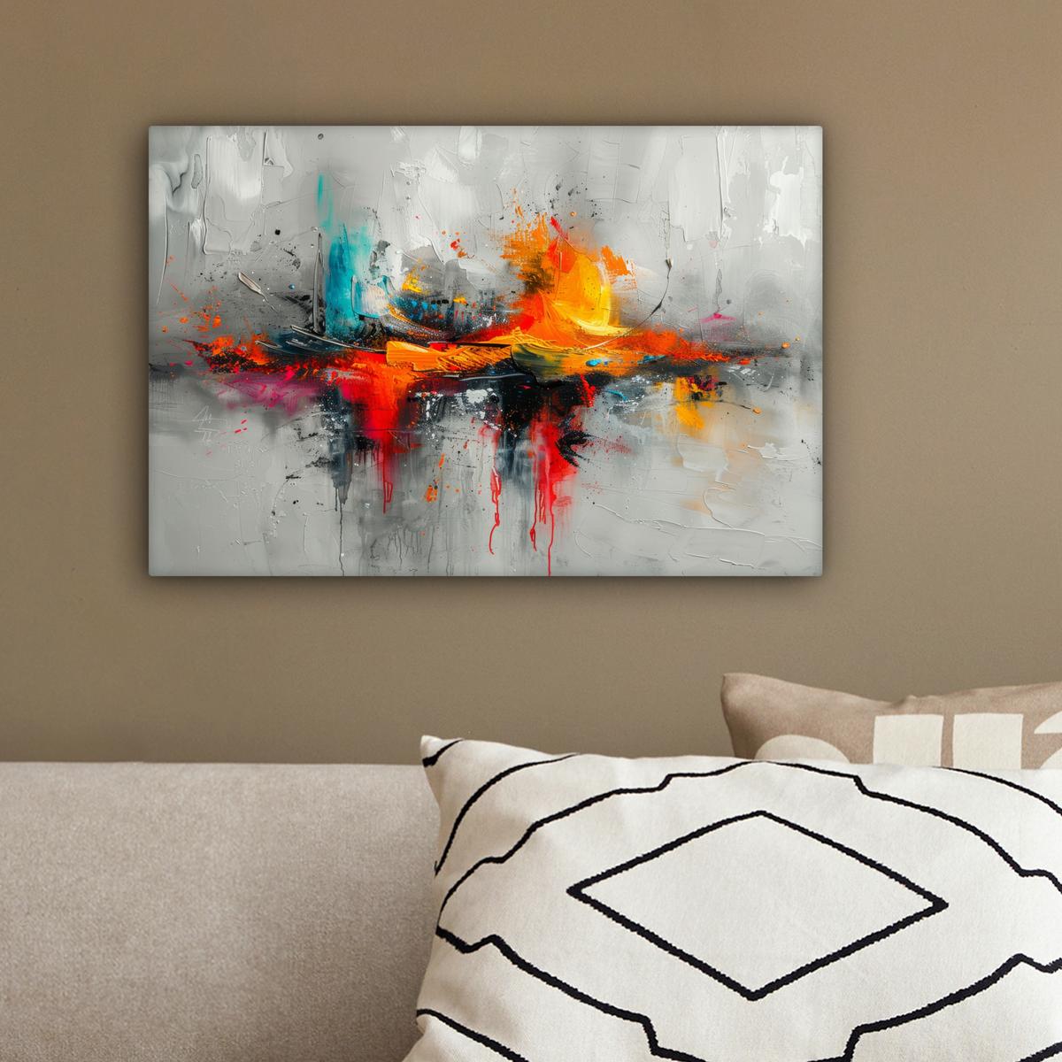 LEINWANDBILD Moderne Kunst - Orange - Grau - Abstrakt Deko Schlafzimmer 30x20 cm - Hellgrau, Textil (30/20cm) - MuchoWow