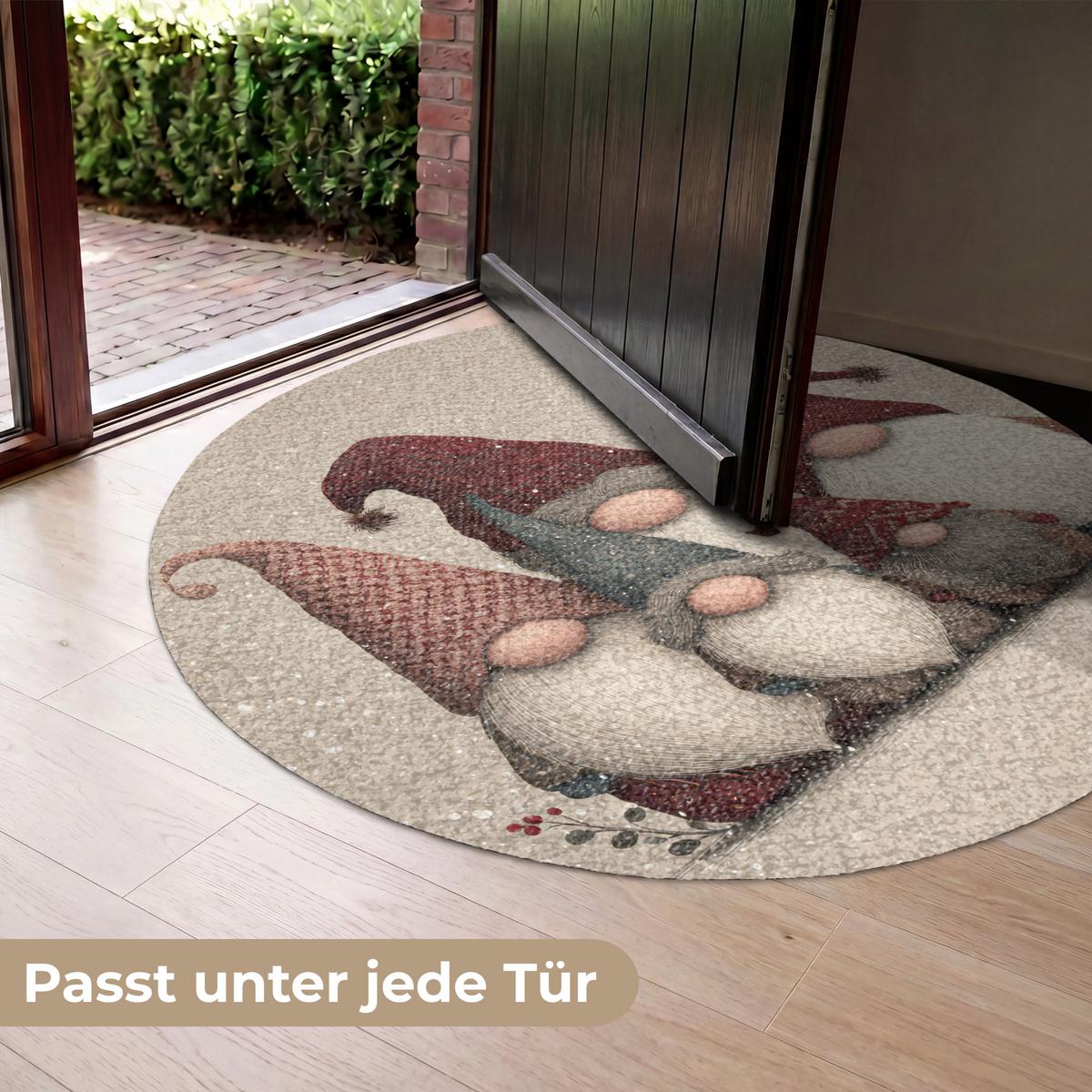 FUSSMATTE Wichtel - Weihnachten - Schnee - Zipfelmützen Türmatte 120x120 cm - Beige, Kunststoff (120/0.4cm) - MuchoWow