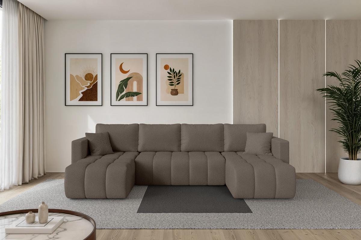 WOHNLANDSCHAFT mit Schlaffunktion und Bettkasten GARD-U 300x146x85 Braun Bouclé - Schwarz/Braun, Holzwerkstoff/Kunststoff (300/85/146cm) - ALTDECOR