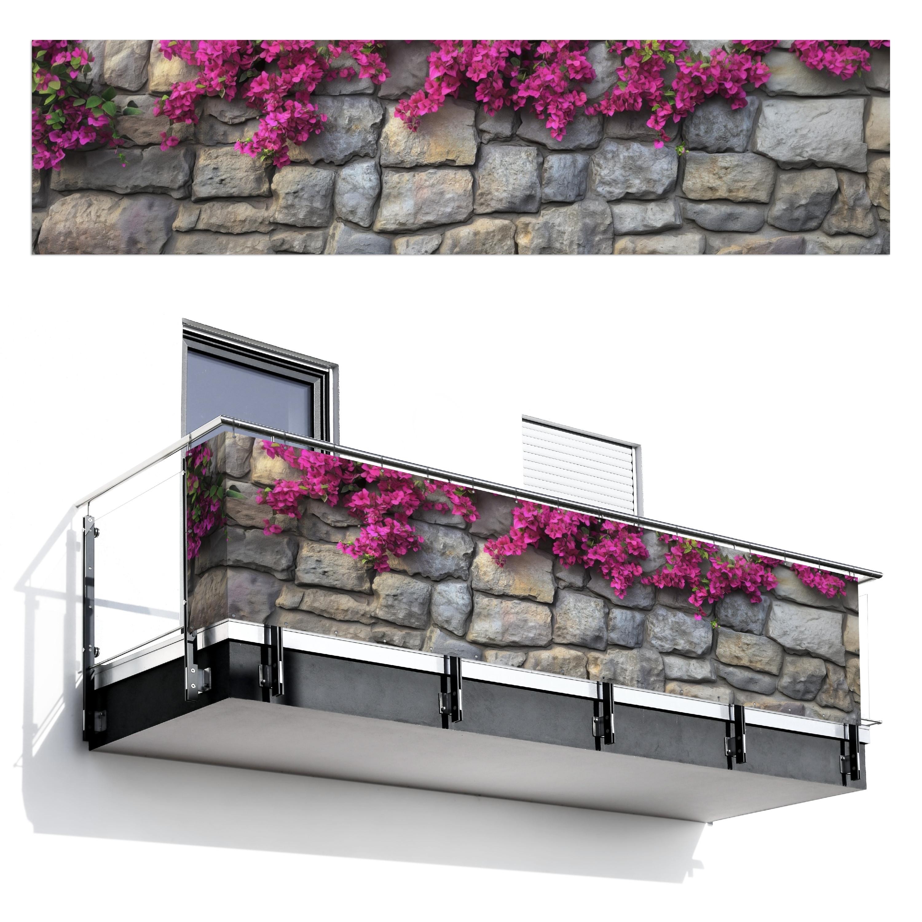 BALKON-SICHTSCHUTZ Bougainvillea - Steinmauer - Rosa Deko XXL 500x120 cm - Magenta, Kunststoff (500/120cm) - MuchoWow