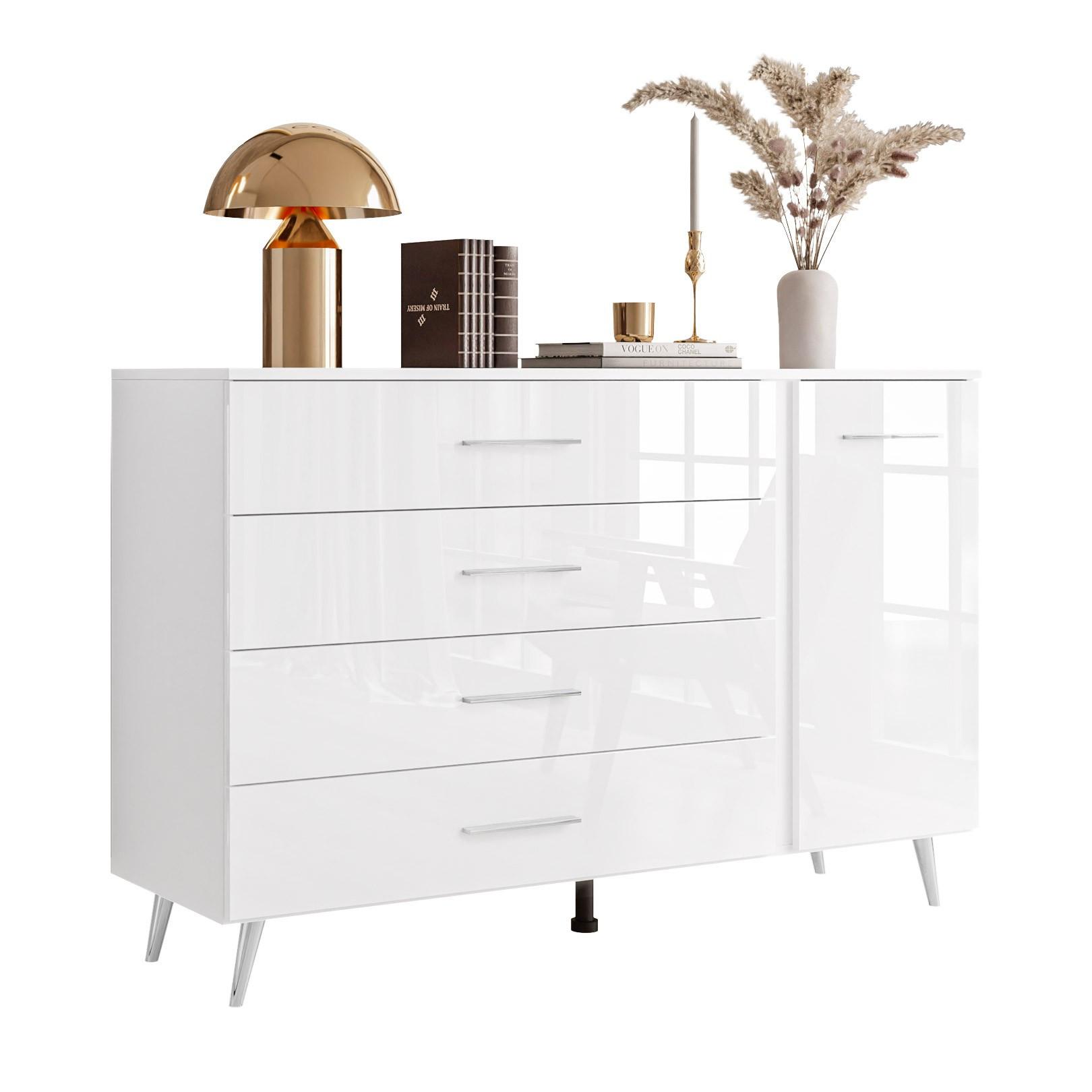 KOMMODE AURA II mit Griffen und LED-Beleuchtung Beinfarbe – Chrom - Silberfarben/Weiß, Holzwerkstoff (138/90/40cm) - Lookway