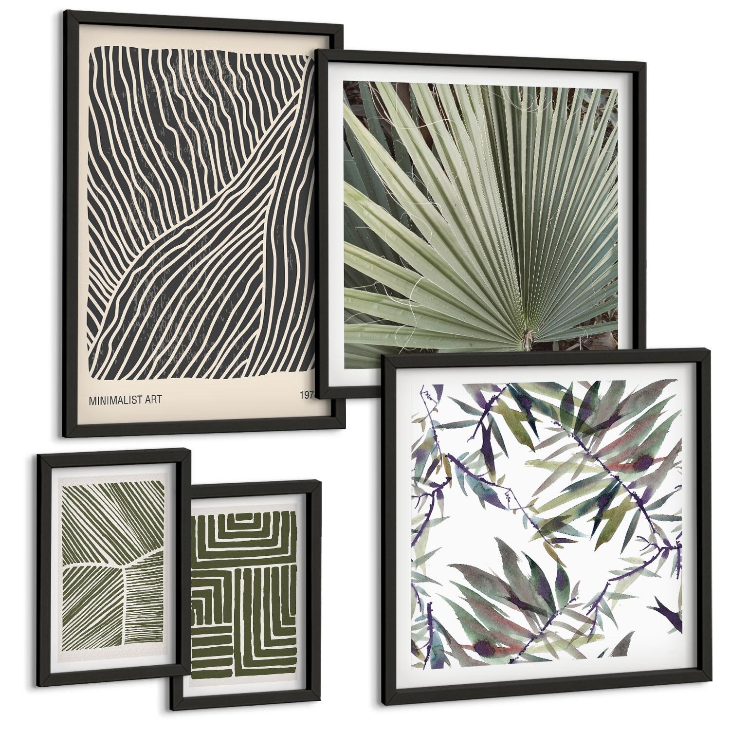 BILDER SET 5er Set - 50x50 cm & 20x30 cm & 40x60 cm Schwarzer Rahmen - Formmuster in Grün - Schwarz, Kunststoff (40/60cm) - TULUP