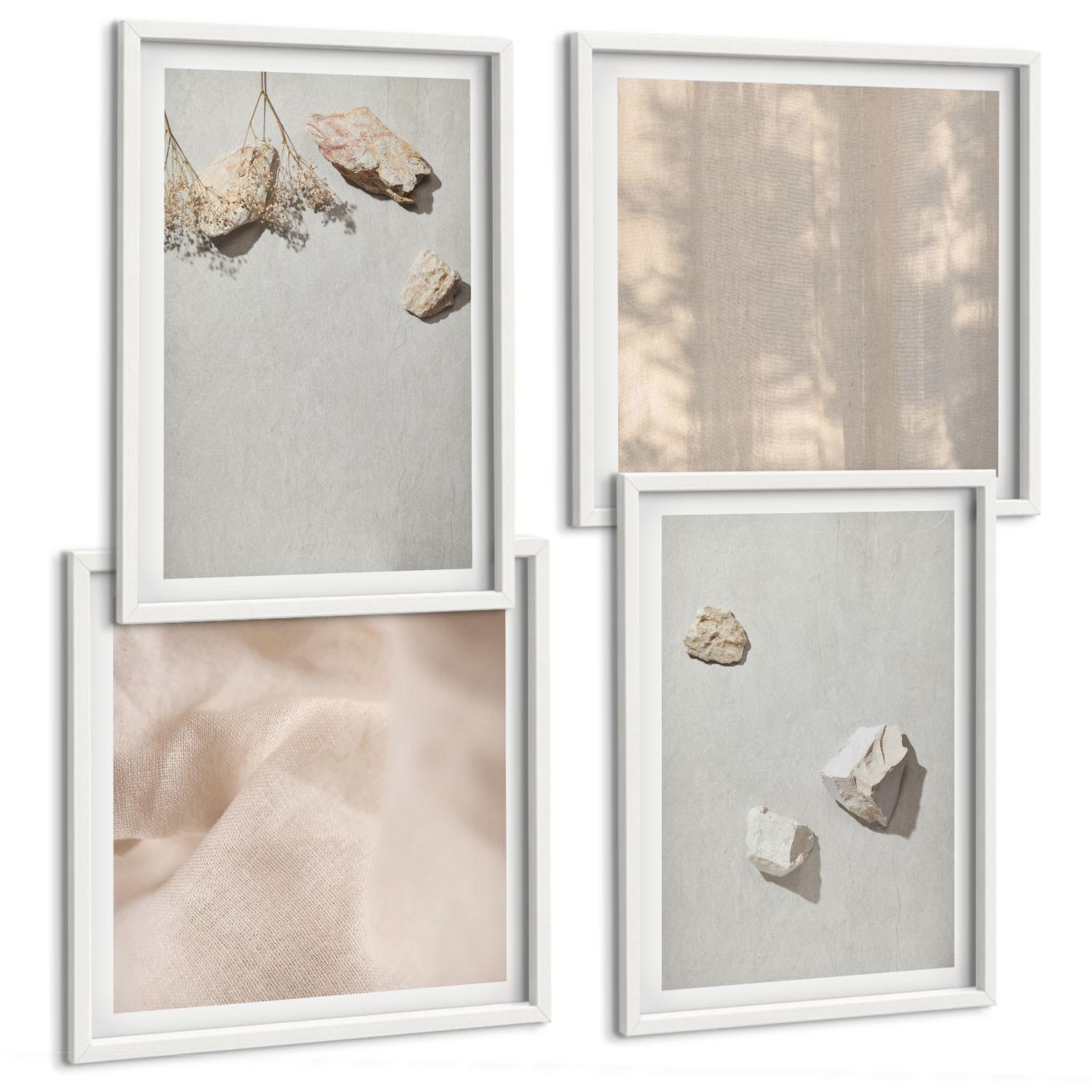 BILDER SET 4er Set - 50x50 cm & 40x60 cm Weißer Rahmen - Boho-Stranddekorationen aus Steinen - Weiß, Kunststoff (50/50cm) - TULUP