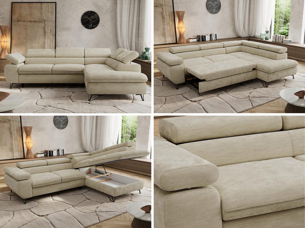 ECKSOFA PABLO L Beige Schenille glatt - Rechts Seite - Beige/Schwarz, Textil/Metall (273/208cm) - MKS