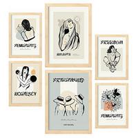POSTER Set Mit 6 In Schwarzer Tinte Freundschaft Kunstdrucke Im Skizzenstil Für Innenarchitektur A3 & A4 Rahmen Aus Hellem Holz - Beige, Papier (29/3cm) - Nacnic