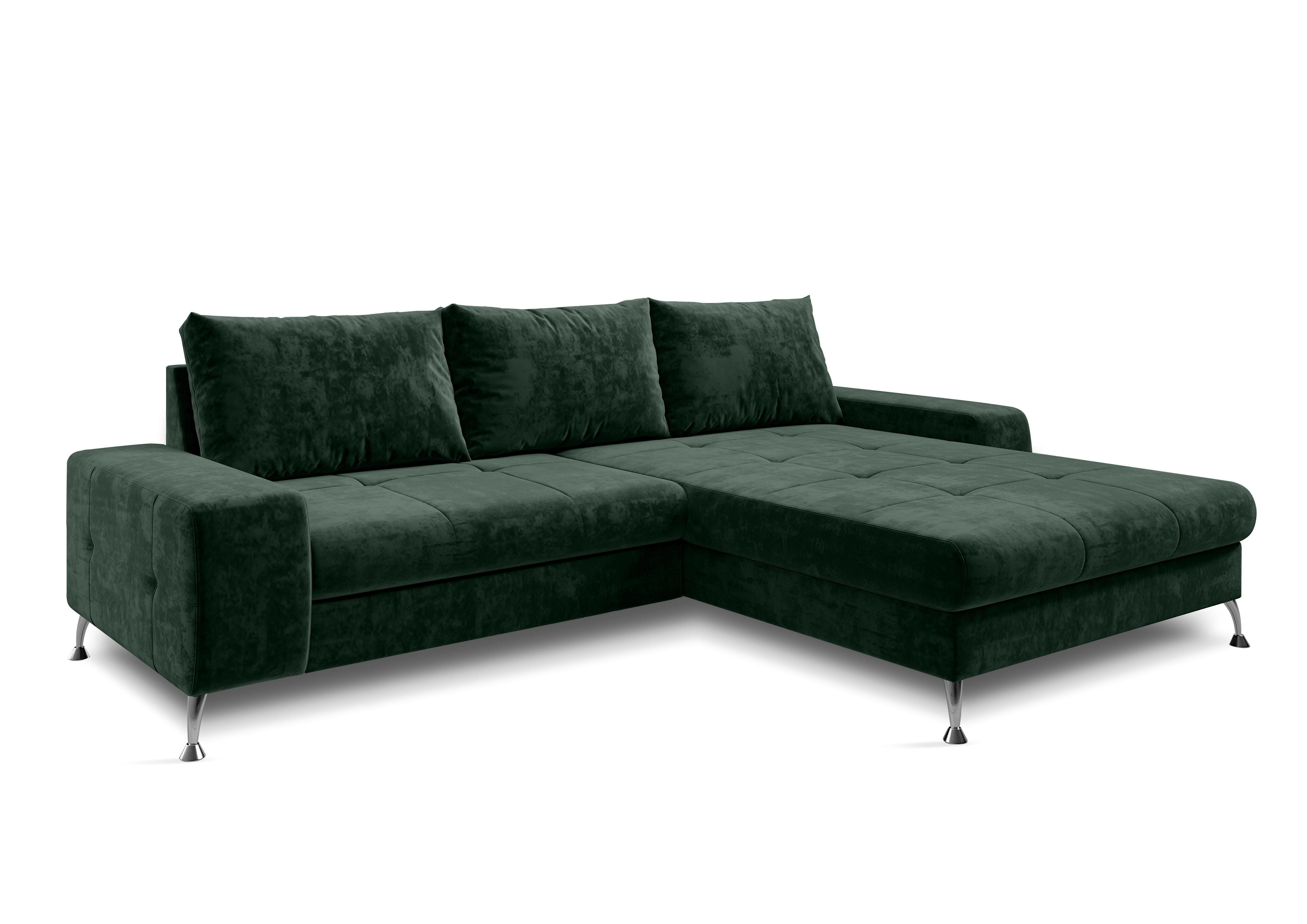 ECKSOFA L Form Artemia Grün Samt 275/192/81 cm – modernes Sofa fürs Wohnzimmer R - Silberfarben/Grün, Textil/Metall (275/192cm) - AX Living