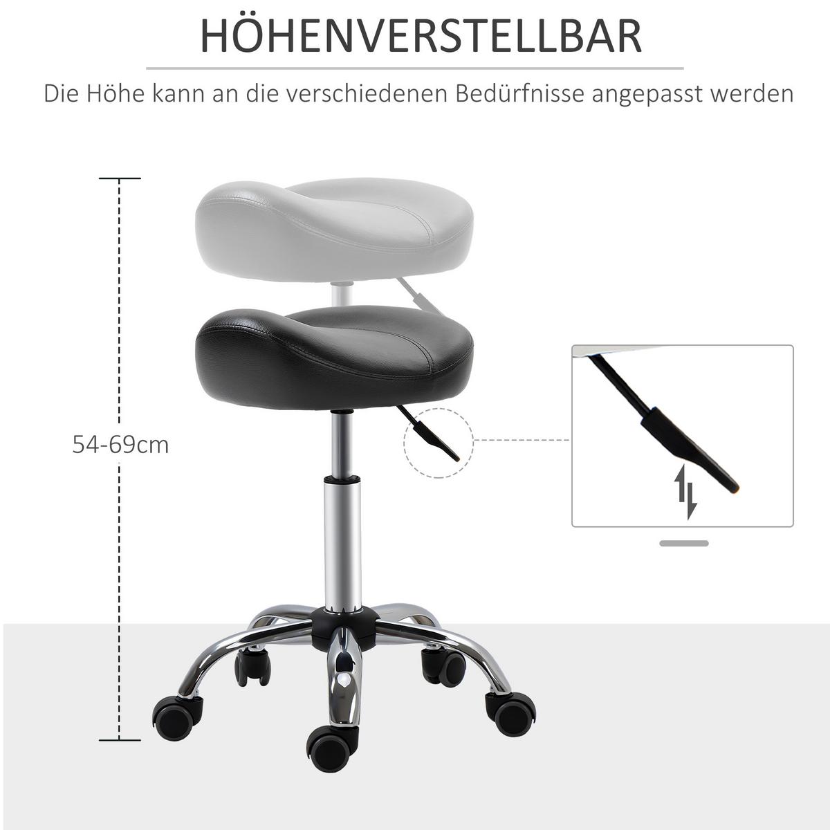 ROLLHOCKER Höhenverstellbarer Arbeitshocker mit Rädern für Massage Schwarz - Schwarz, Leder (48/71/48cm) - HOMCOM