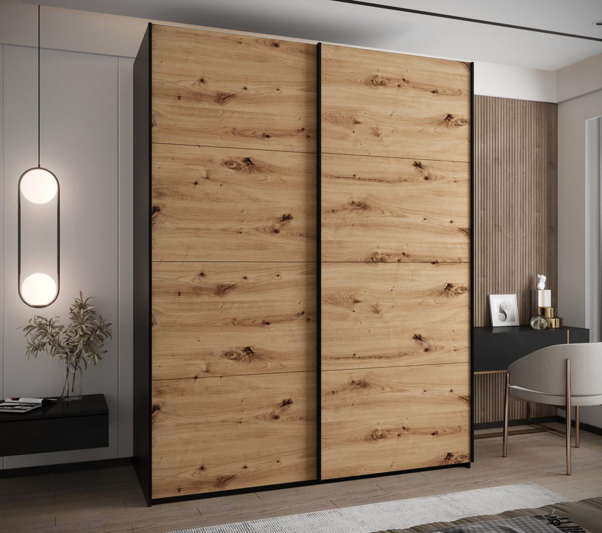 SCHWEBETÜRENSCHRANK 245,5/200/64 2-türig - Schwarz/Eiche Artisan, Holz/Metall (200/245/64cm) - Abiks Möbel