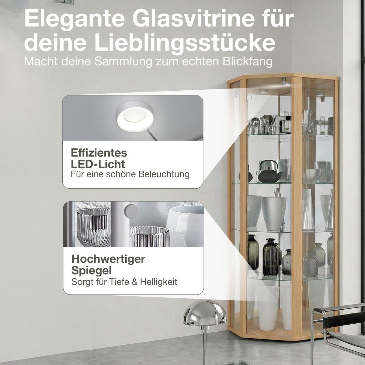 ECKVITRINE 56,5/56,5/176 cm mit Spiegel, LED & Schloss - Transparent/Silberfarben, Glas/Holzwerkstoff (56.5/176/56.5cm) - K-Möbel