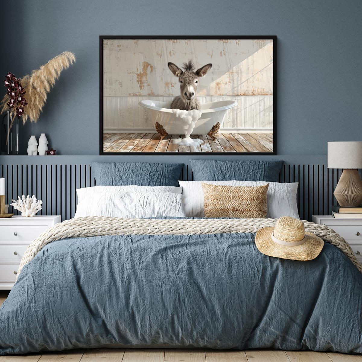 POSTER MIT RAHMENGERAHMTES BILD Esel - Tiere - Badewanne - Schaumstoff 120x80 cm - Weiß, Papier (120/80cm) - MuchoWow